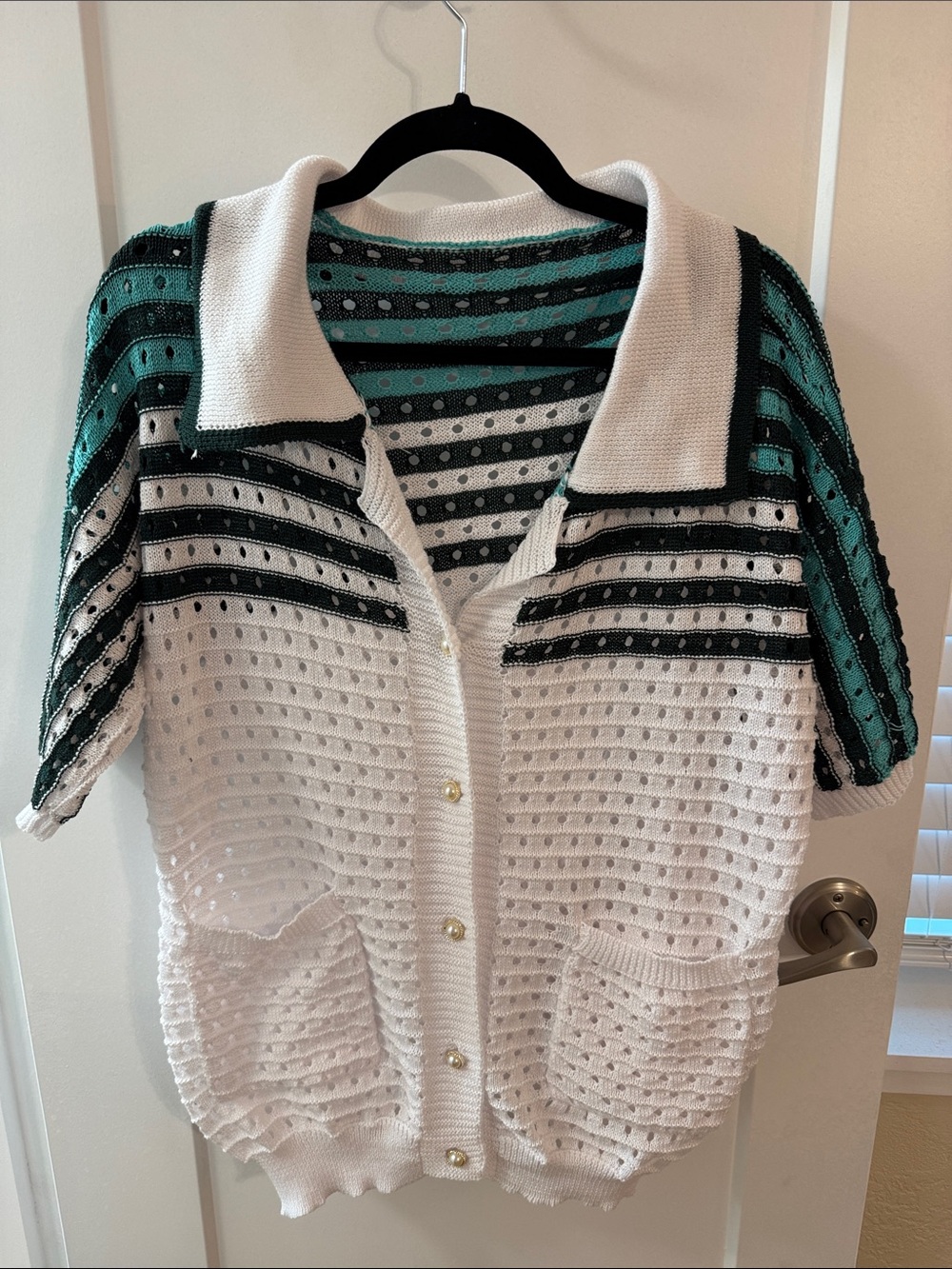 Pearl-Button White Knit Cardigan with Openwork Stitch - Picture 1 of 10